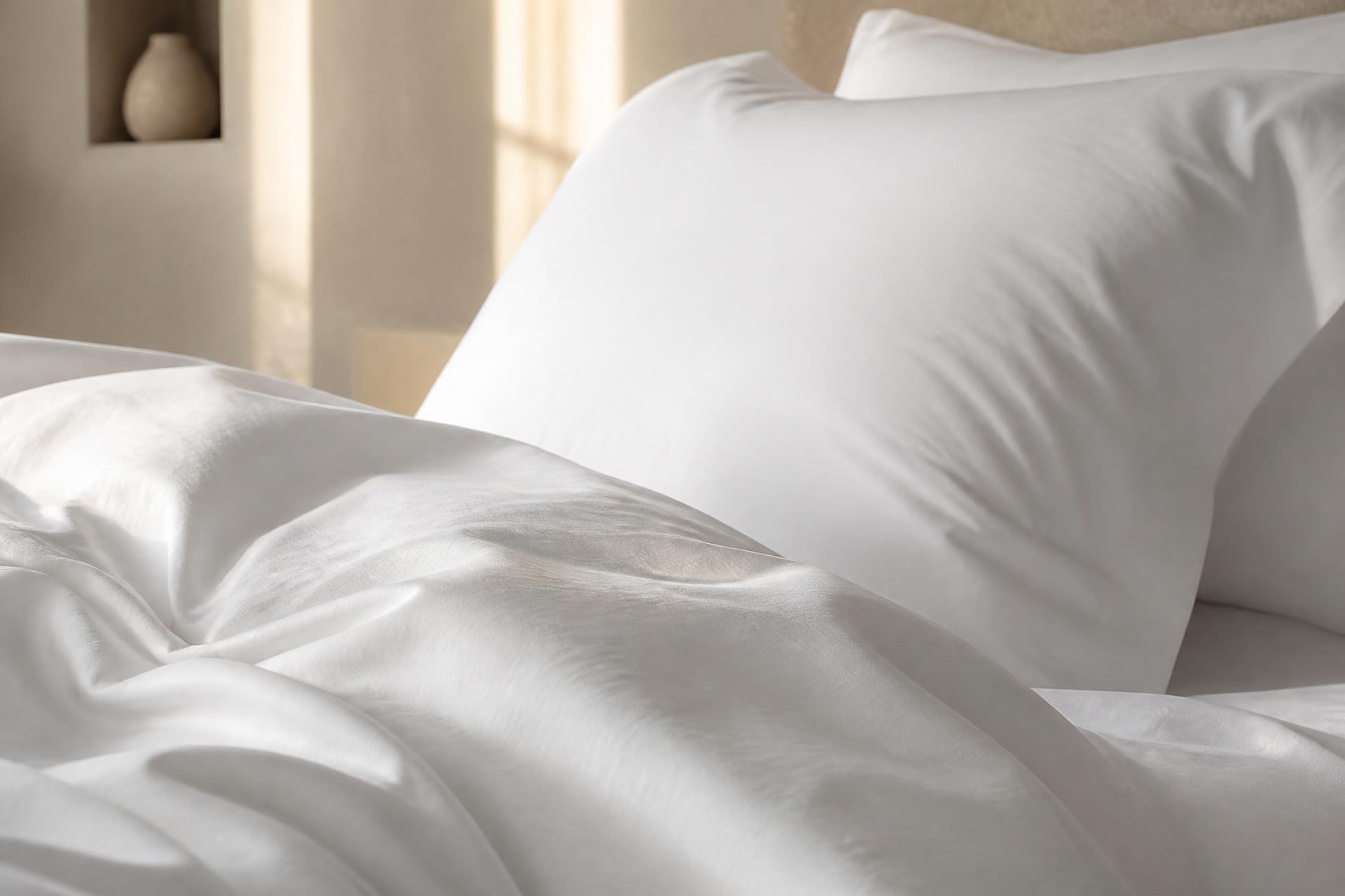 Crisp white hotel bed linen in soft morning light, showing fine cotton texture and relaxed folds