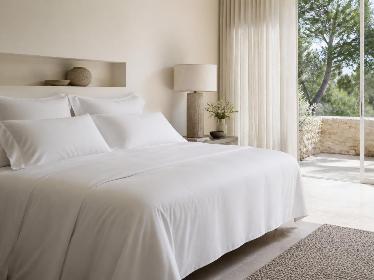 Domestic bedroom with a neatly made double bed in crisp white cotton sheets