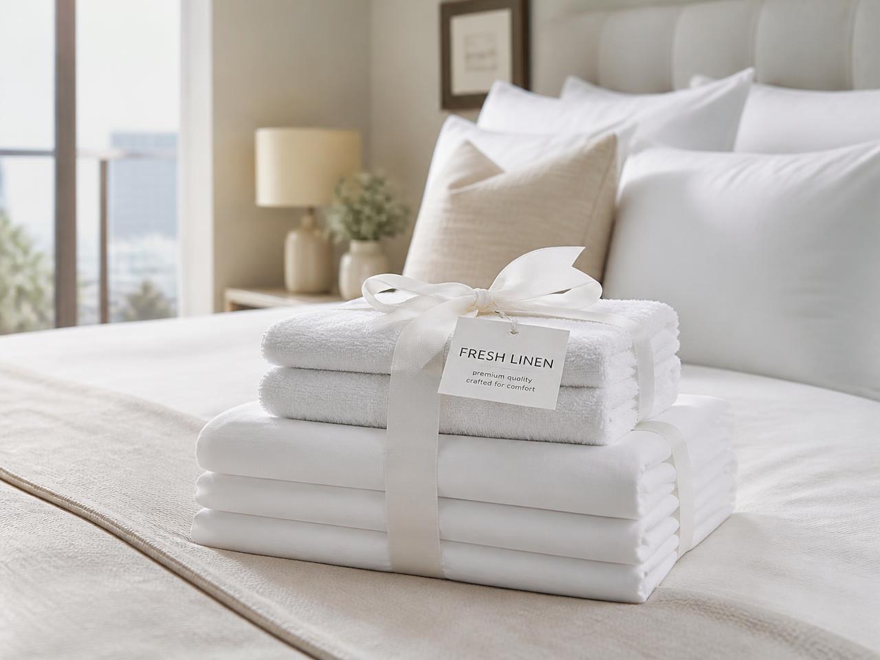 Folded white bed linen and towel sets stacked into a changeover pack
