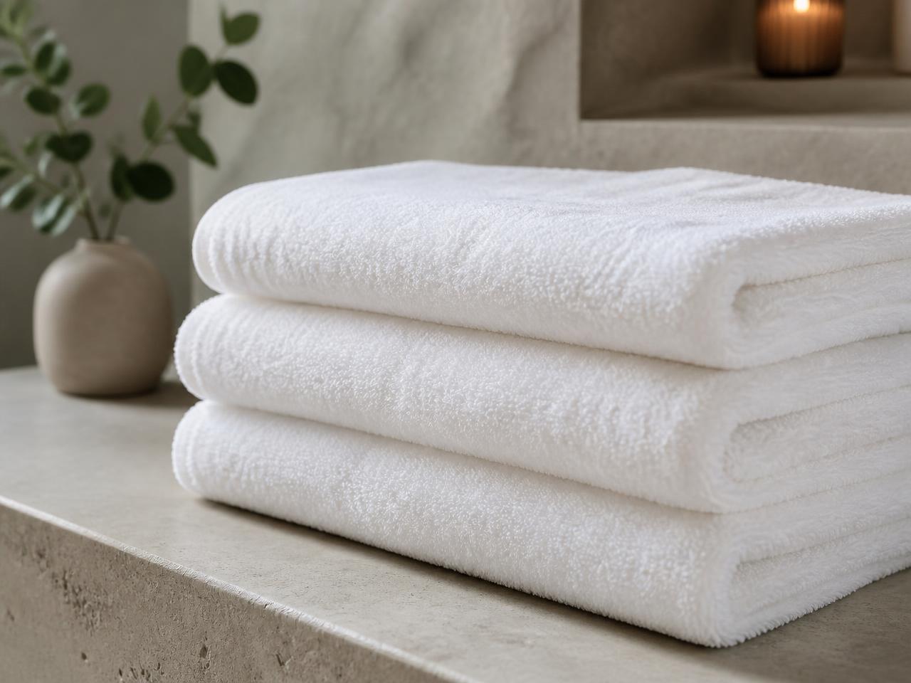 Thick folded white towels stacked on a stone surface