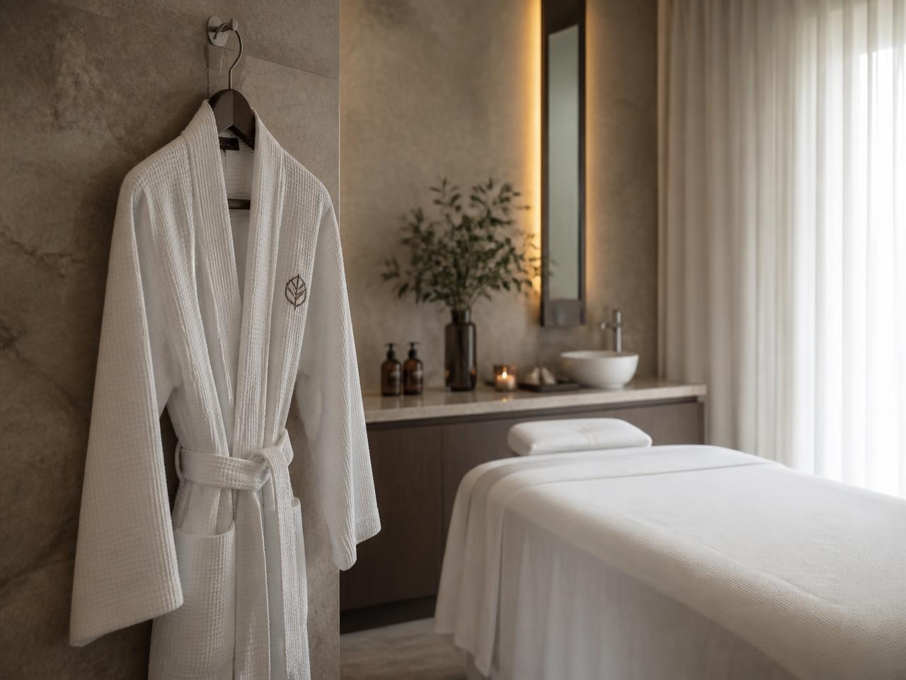 Rolled and stacked white spa towels beside a treatment couch